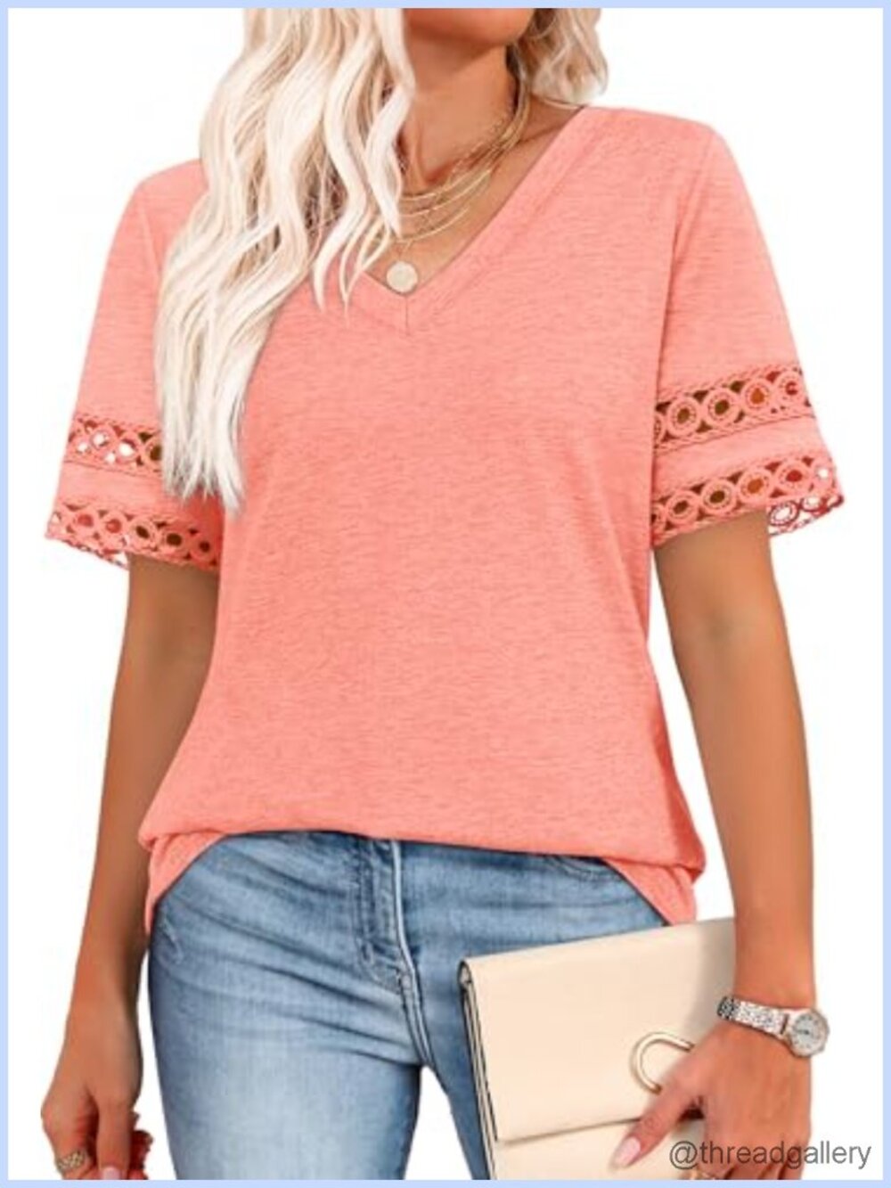 Womens V Neck Short Sleeve Blouse Lace Detail Curved Hem Flowy Top